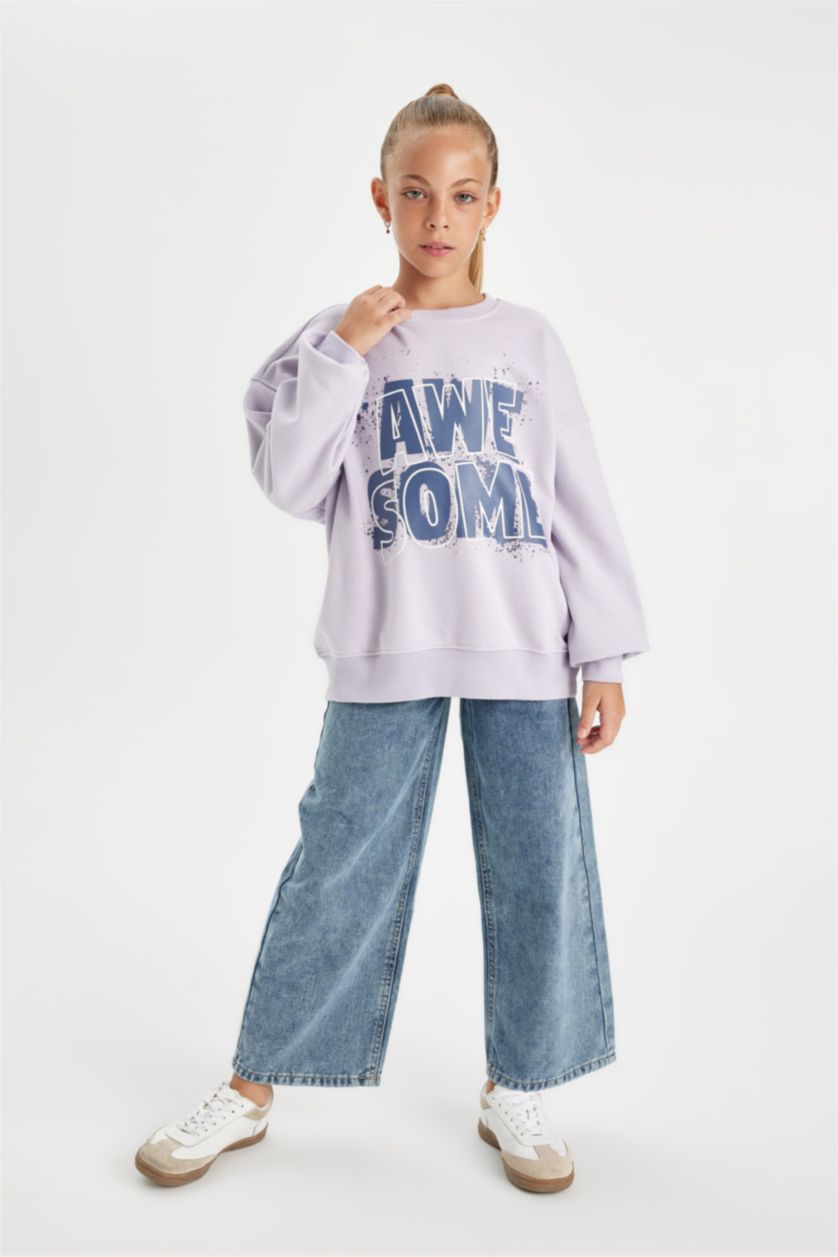 Kız Çocuk - Genç Kız Açık Lila Oversize Geniş Kalıp Bisiklet Yaka Baskılı Sweatshirt Kız Çocuk