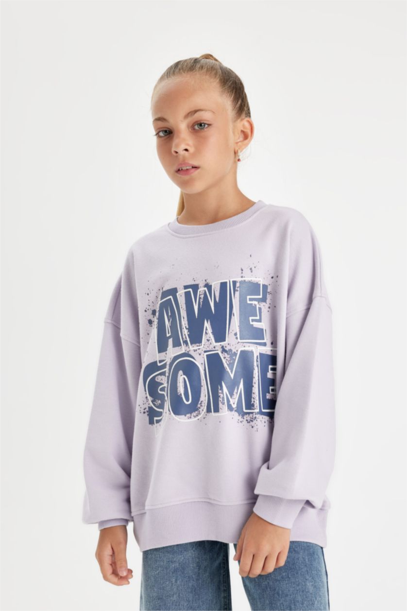 Kız Çocuk - Genç Kız Açık Lila Oversize Geniş Kalıp Bisiklet Yaka Baskılı Sweatshirt Kız Çocuk