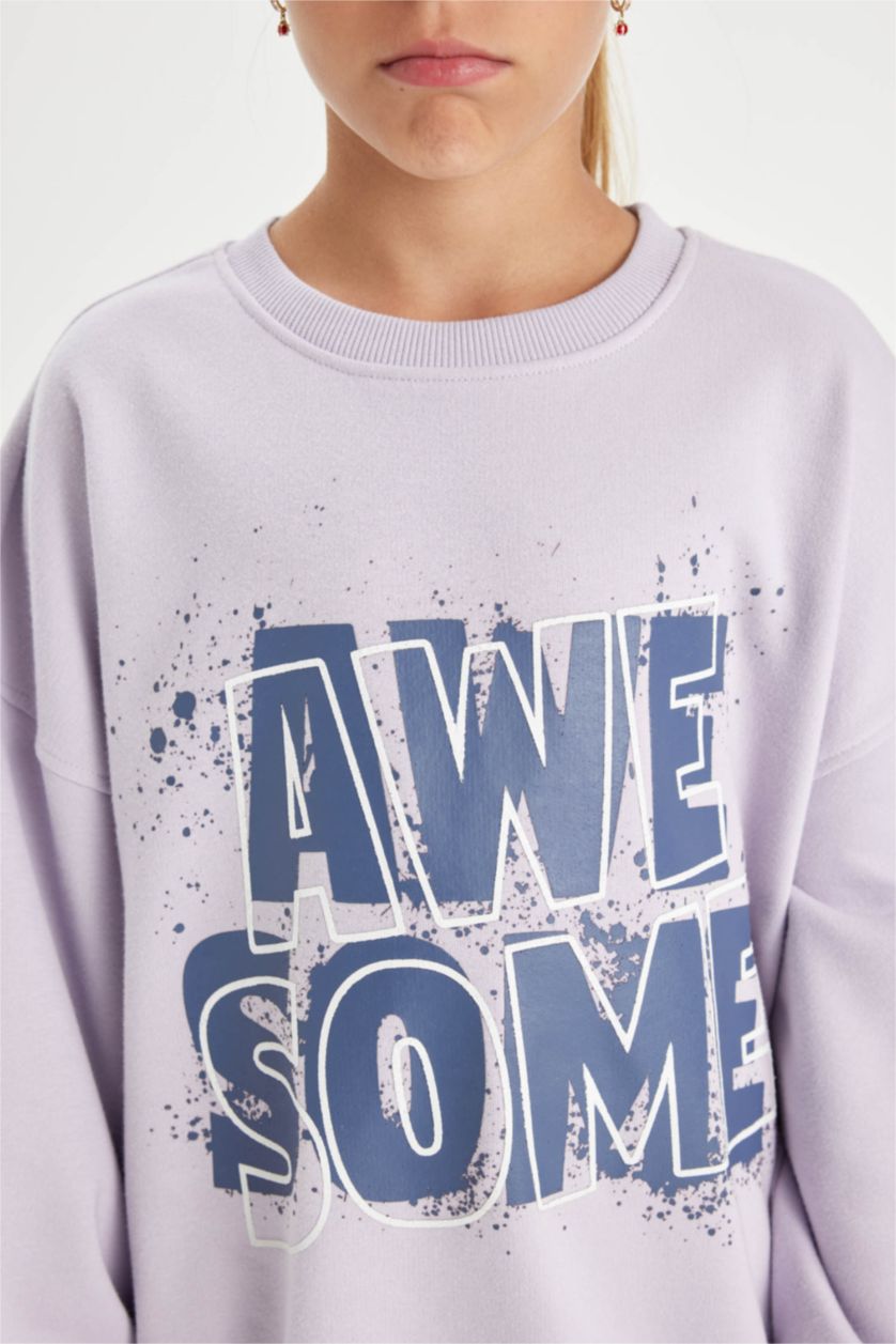 Kız Çocuk - Genç Kız Açık Lila Oversize Geniş Kalıp Bisiklet Yaka Baskılı Sweatshirt Kız Çocuk