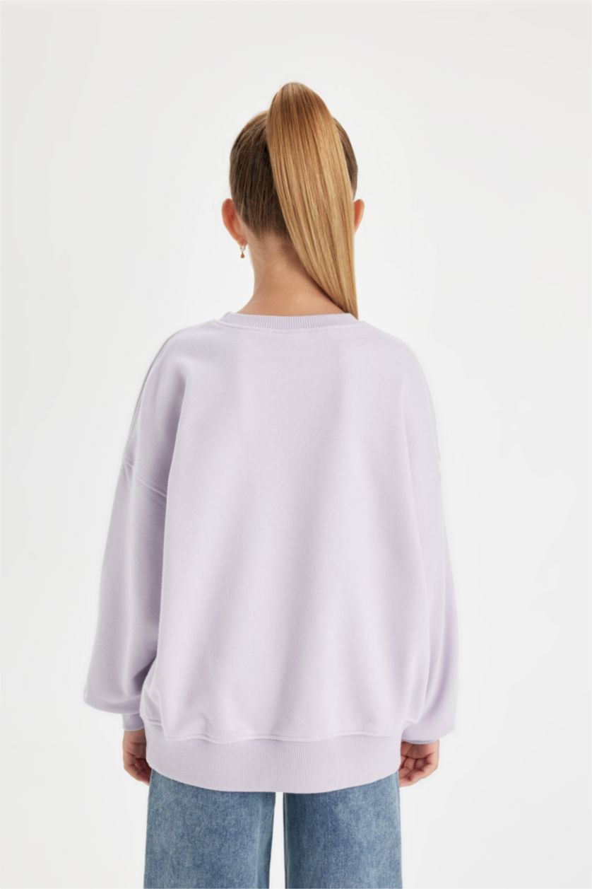 Kız Çocuk - Genç Kız Açık Lila Oversize Geniş Kalıp Bisiklet Yaka Baskılı Sweatshirt Kız Çocuk