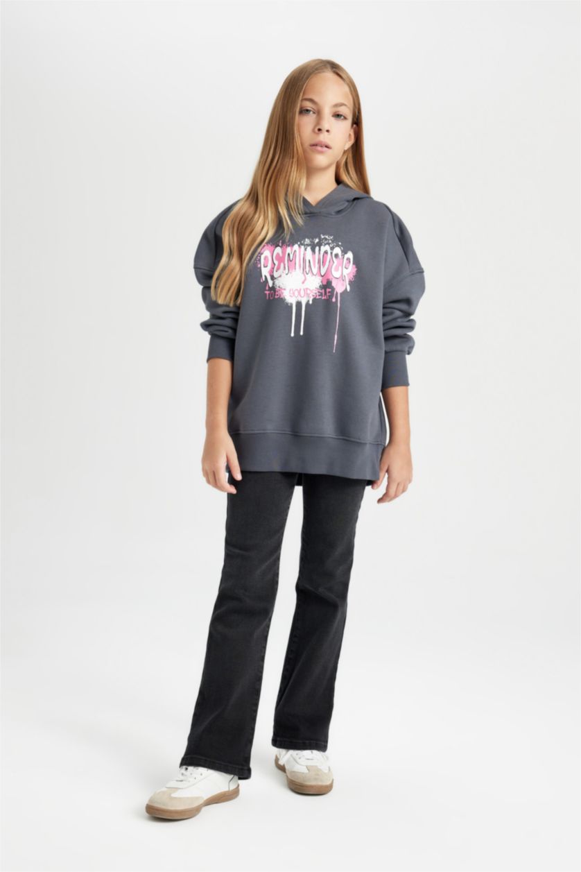Kız Çocuk - Genç Kız Antrasit Oversize Geniş Kalıp Sırt Baskılı Kapüşonlu Sweatshirt Kız Çocuk