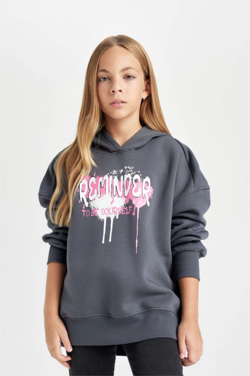 Kız Çocuk - Genç Kız Antrasit Oversize Geniş Kalıp Sırt Baskılı Kapüşonlu Sweatshirt Kız Çocuk