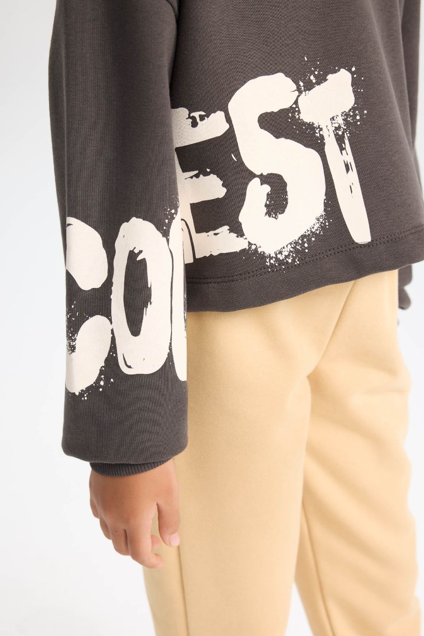 بنات أنثرا سويت شيرت بناتي تقيل بطبعة شعار بياقة مستديرة