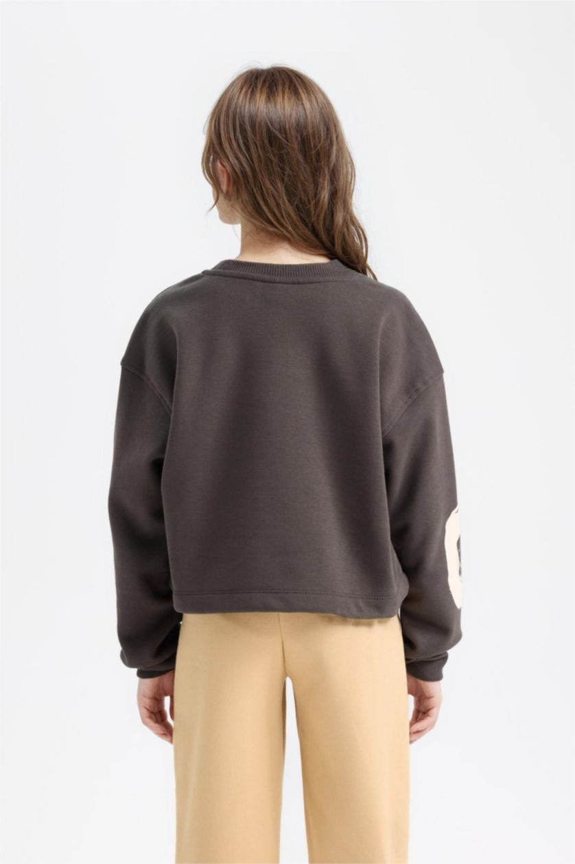 بنات أنثرا سويت شيرت بناتي تقيل بطبعة شعار بياقة مستديرة