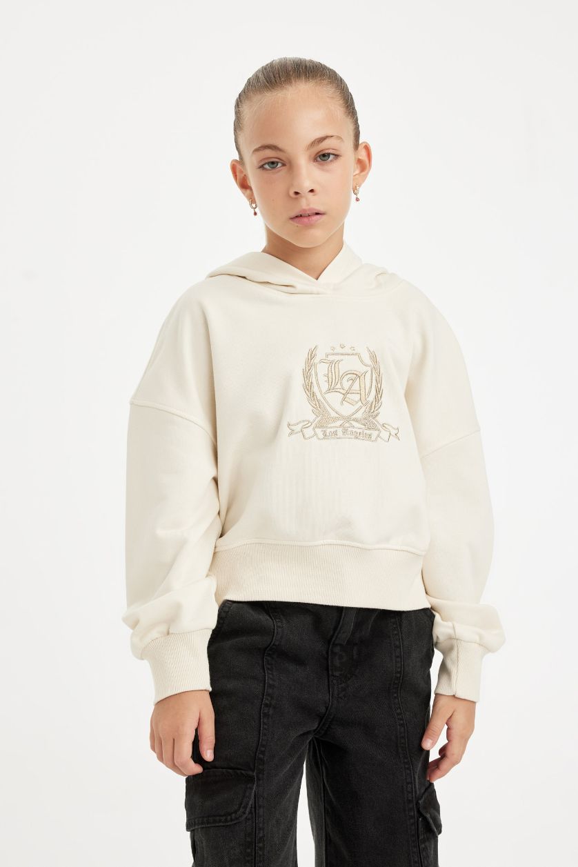 Kız Çocuk - Genç Kız Ekru Oversize Geniş Kalıp Kapüşonlu İşlemeli Sweatshirt Kız Çocuk