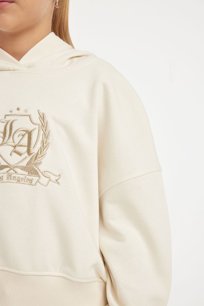 Kız Çocuk - Genç Kız Ekru Oversize Geniş Kalıp Kapüşonlu İşlemeli Sweatshirt Kız Çocuk