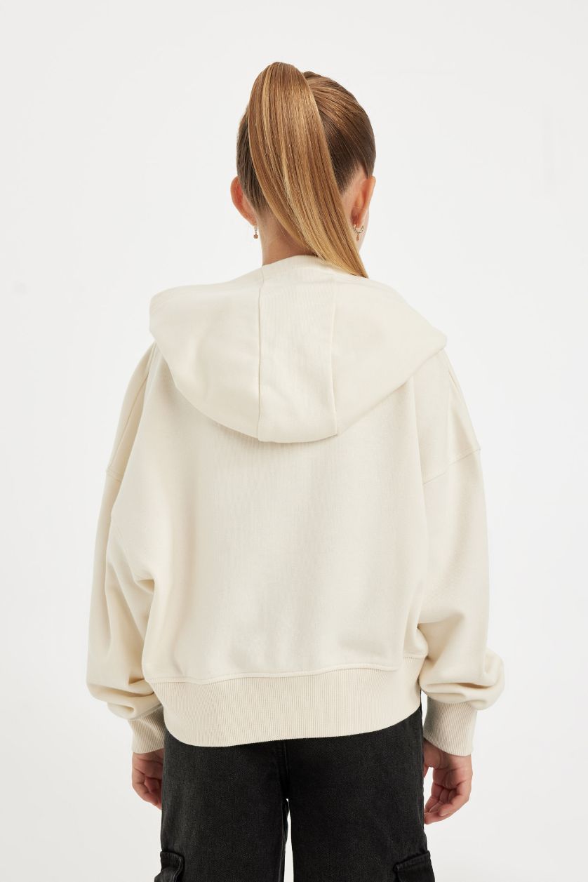 Kız Çocuk - Genç Kız Ekru Oversize Geniş Kalıp Kapüşonlu İşlemeli Sweatshirt Kız Çocuk