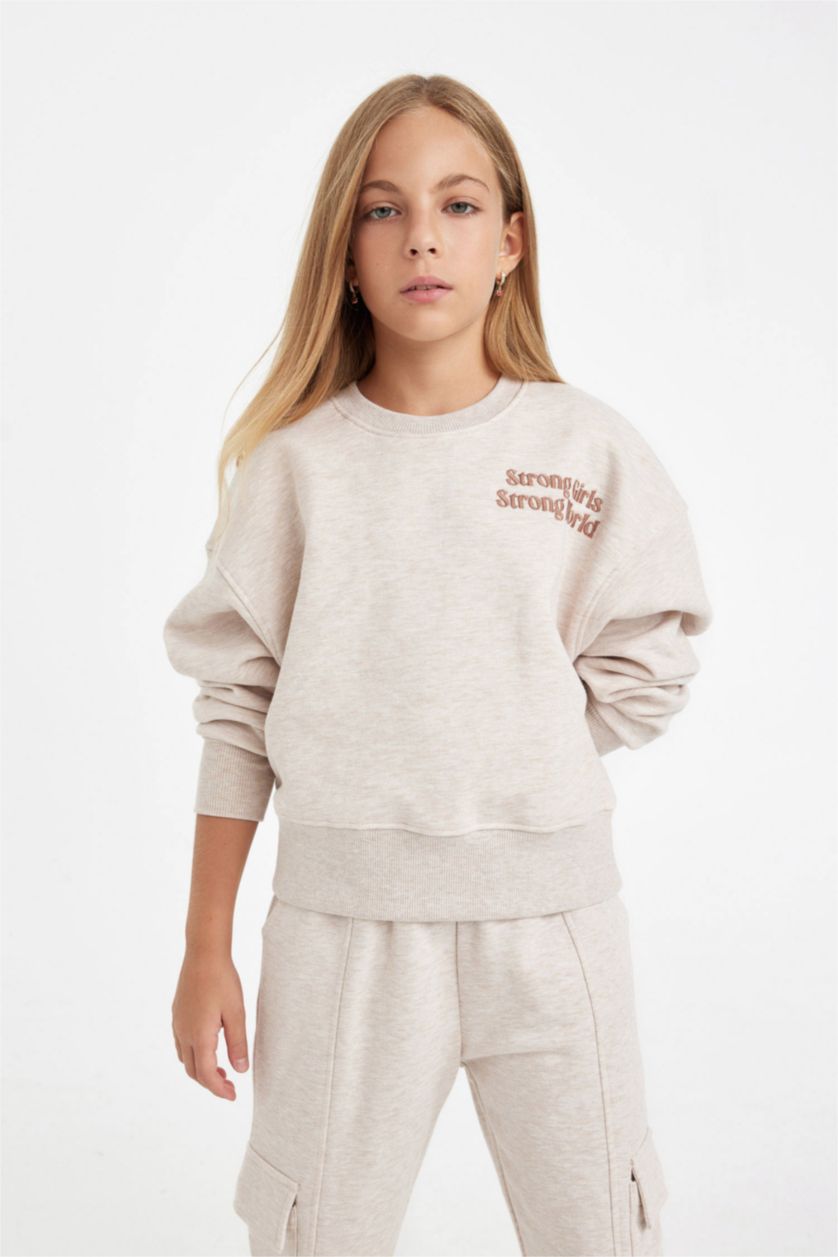 Kız Çocuk - Genç Kız Bej Melanj Kız Çocuk Relax Fit Bisiklet Yaka Baskılı Sweatshirt