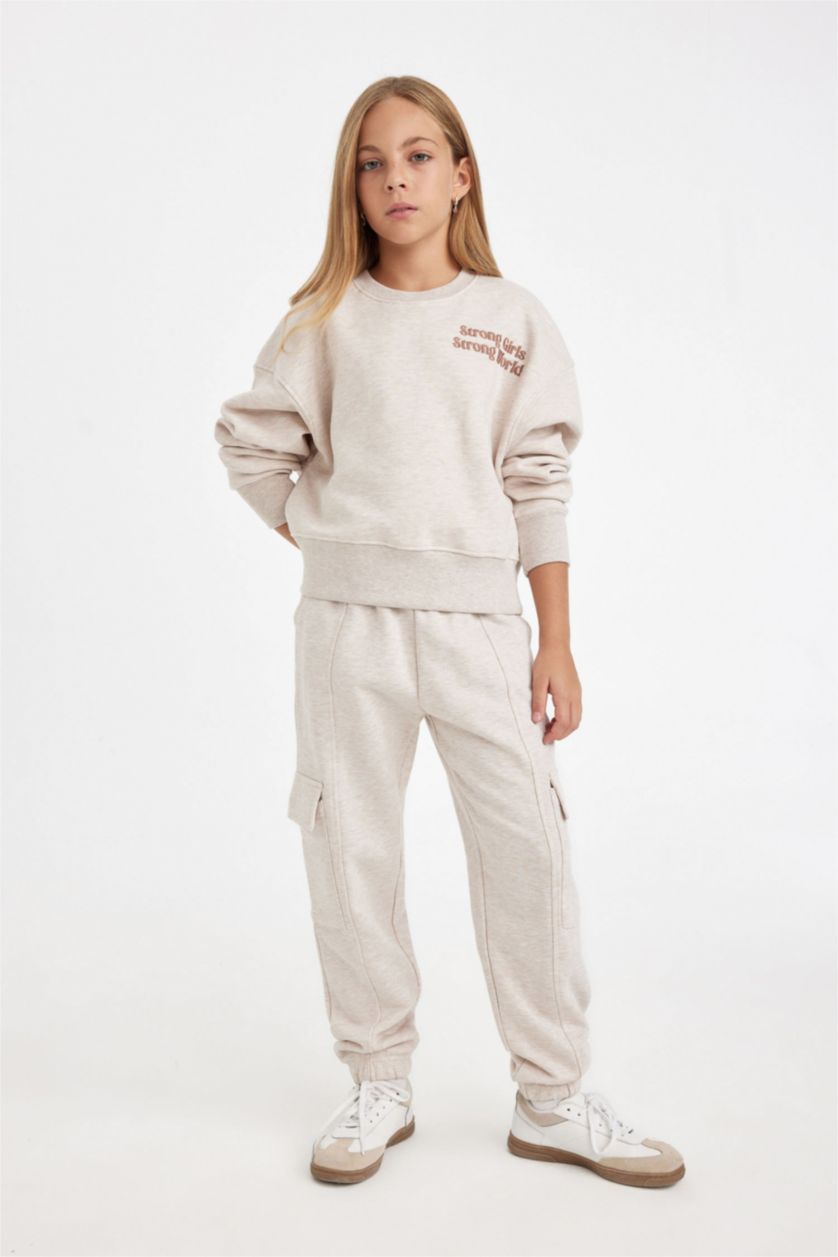 Kız Çocuk - Genç Kız Bej Melanj Kız Çocuk Relax Fit Bisiklet Yaka Baskılı Sweatshirt