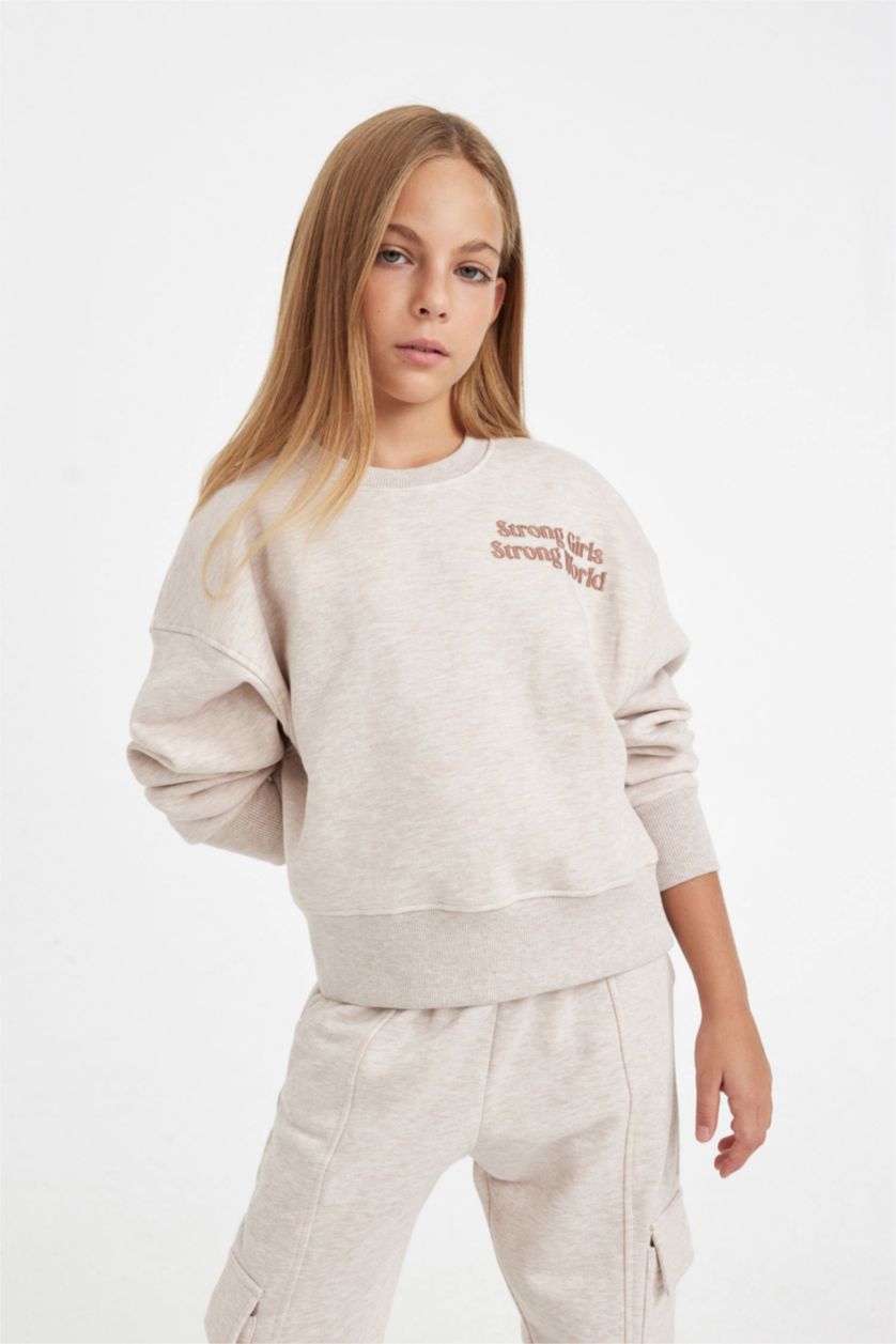 Kız Çocuk - Genç Kız Bej Melanj Kız Çocuk Relax Fit Bisiklet Yaka Baskılı Sweatshirt
