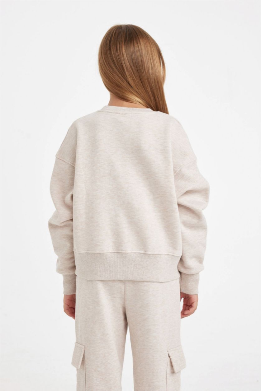 Kız Çocuk - Genç Kız Bej Melanj Kız Çocuk Relax Fit Bisiklet Yaka Baskılı Sweatshirt