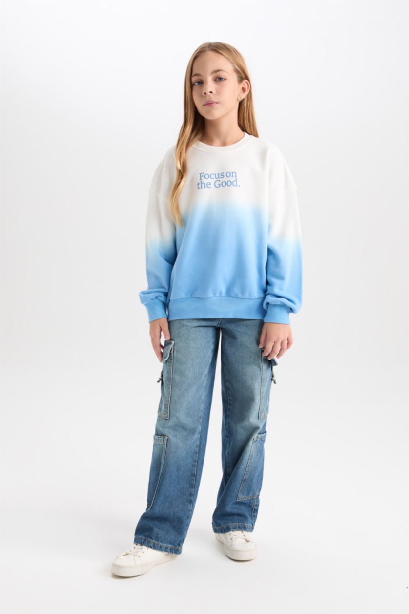 Kız Çocuk - Genç Kız Mavi Oversize Geniş Kalıp Bisiklet Yaka Degrade Baskılı Sweatshirt Kız Çocuk