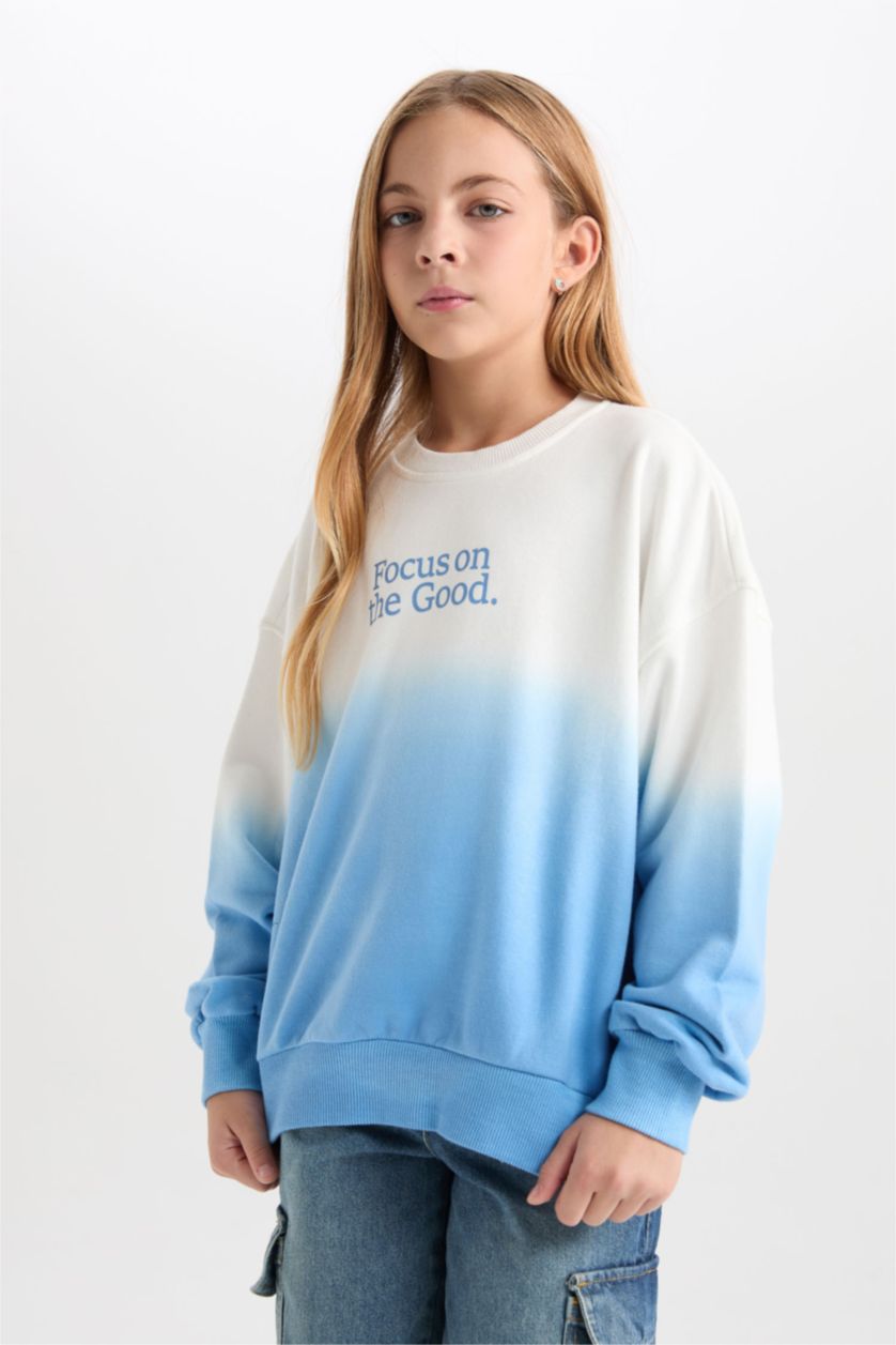 Kız Çocuk - Genç Kız Mavi Oversize Geniş Kalıp Bisiklet Yaka Degrade Baskılı Sweatshirt Kız Çocuk