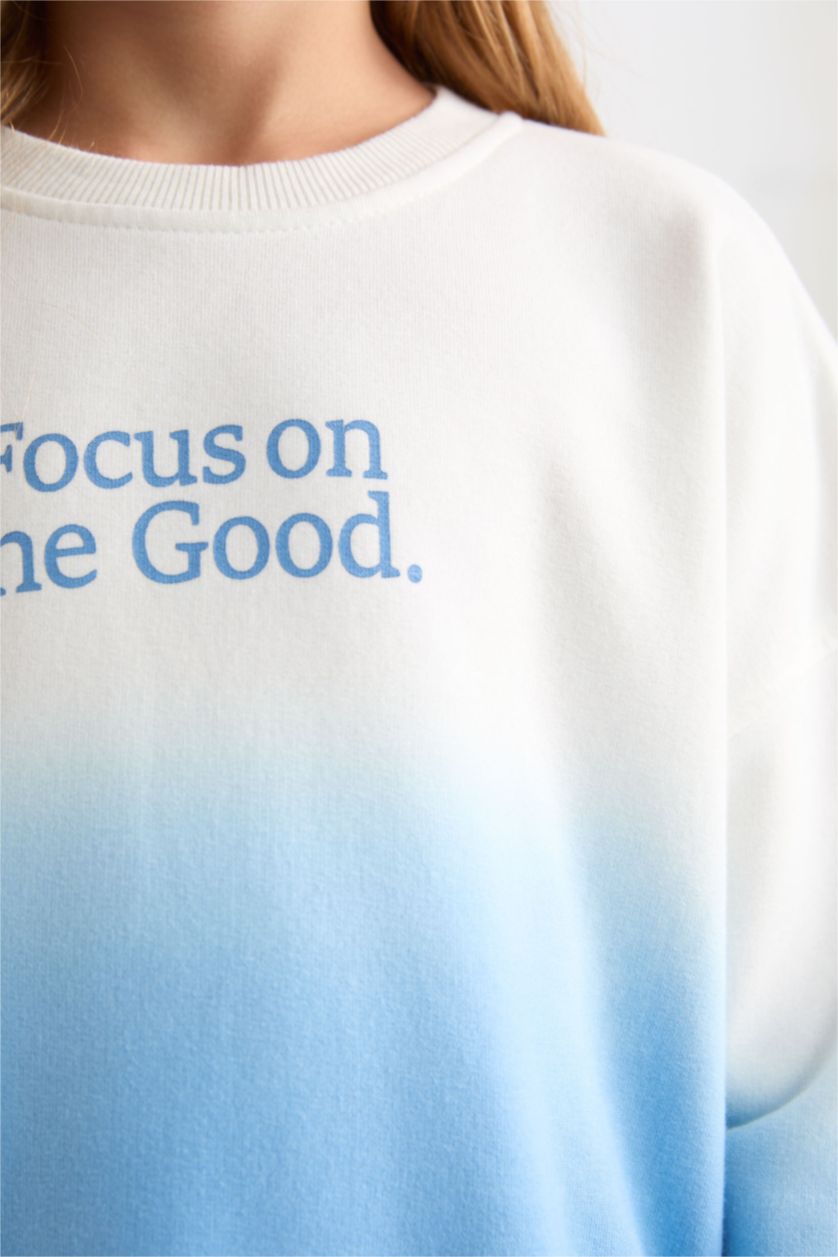 Kız Çocuk - Genç Kız Mavi Oversize Geniş Kalıp Bisiklet Yaka Degrade Baskılı Sweatshirt Kız Çocuk