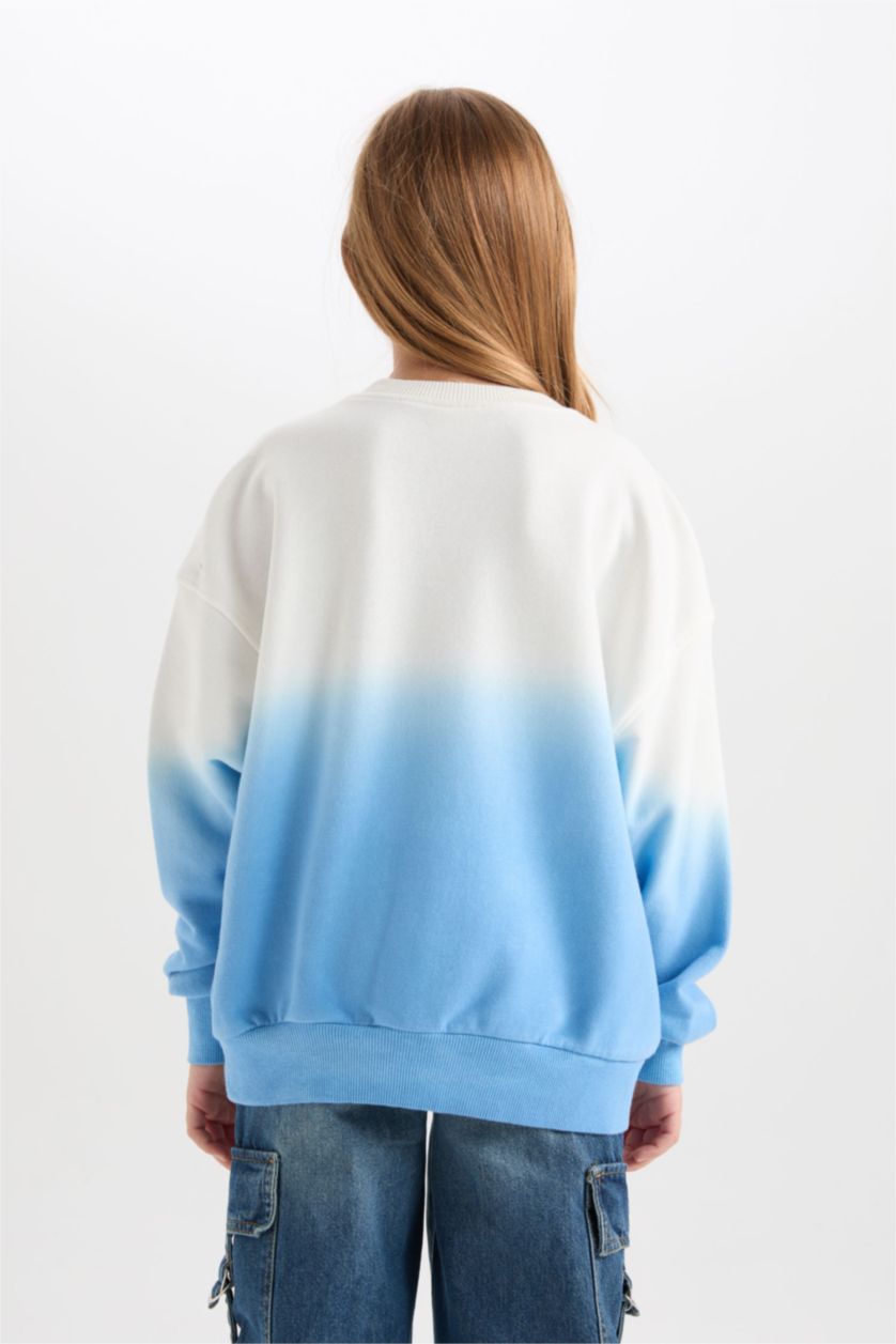 Kız Çocuk - Genç Kız Mavi Oversize Geniş Kalıp Bisiklet Yaka Degrade Baskılı Sweatshirt Kız Çocuk