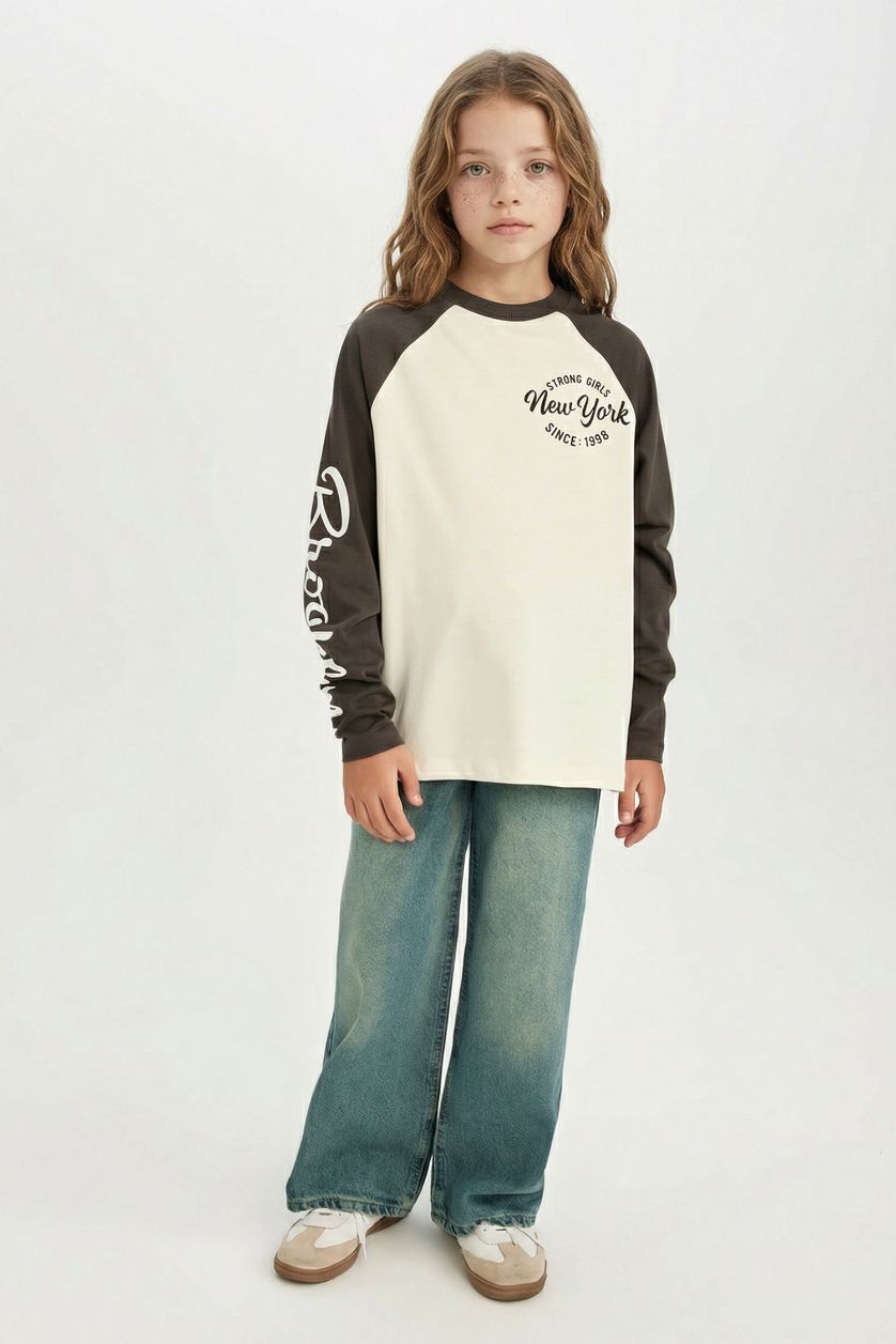 GIRLS & TEENS Ecru Girl Oversize Wide Fit Crew Neck Printed T-Shirt