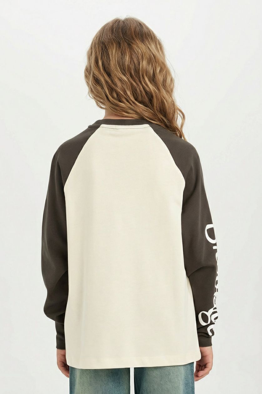 GIRLS & TEENS Ecru Girl Oversize Wide Fit Crew Neck Printed T-Shirt