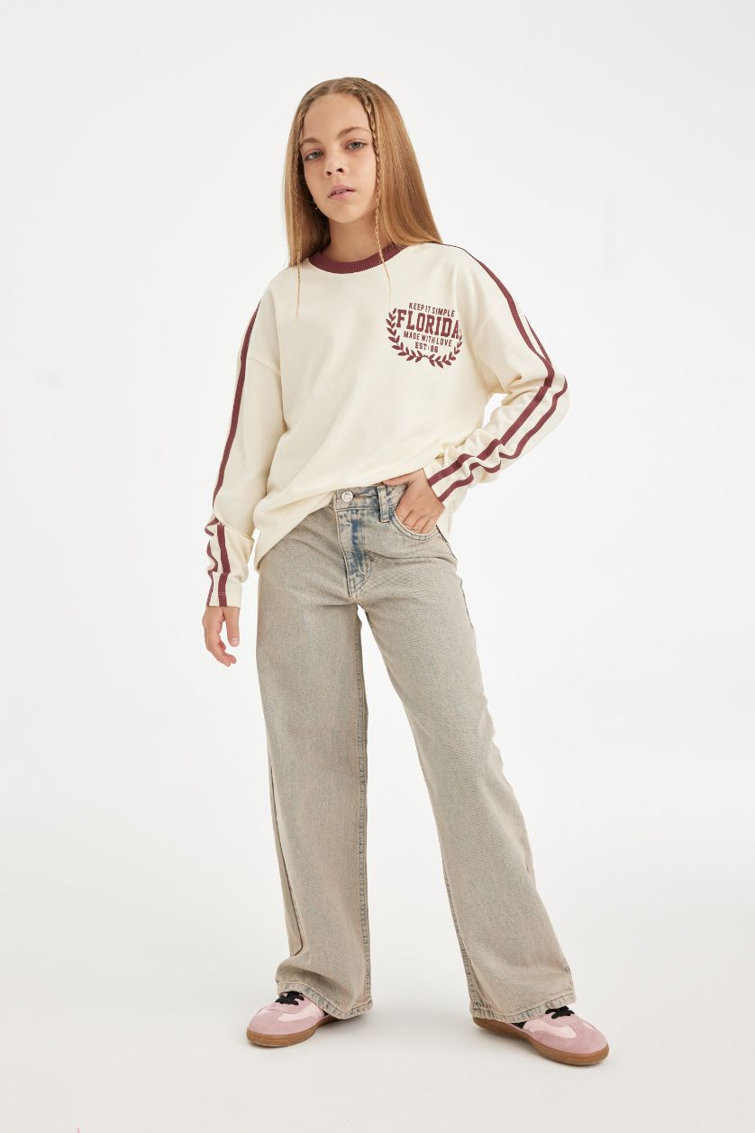 GIRLS & TEENS Ecru Girl Oversize Crew Neck Printed Long Sleeve T-Shirt