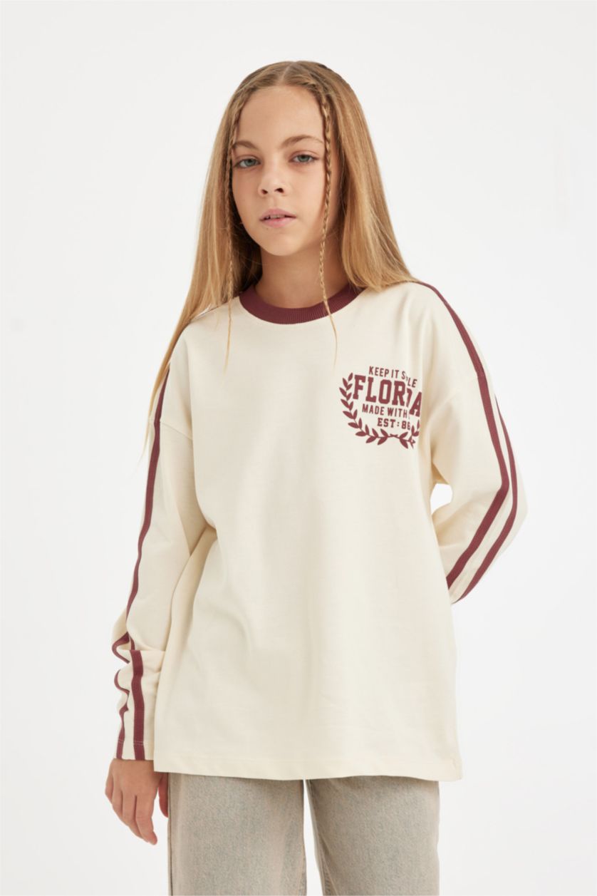 GIRLS & TEENS Ecru Girl Oversize Crew Neck Printed Long Sleeve T-Shirt