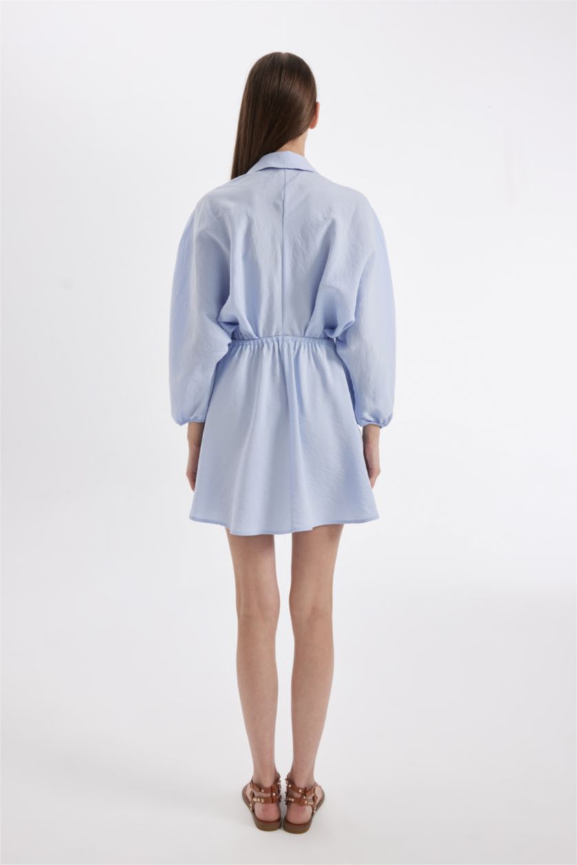 Kadın Mavi Gömlek Yaka Modal Uzun Kollu Mini Elbise