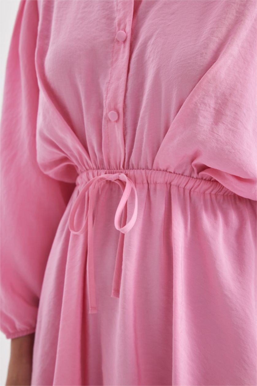 Kadın Pembe Gömlek Yaka Modal Uzun Kollu Mini Elbise
