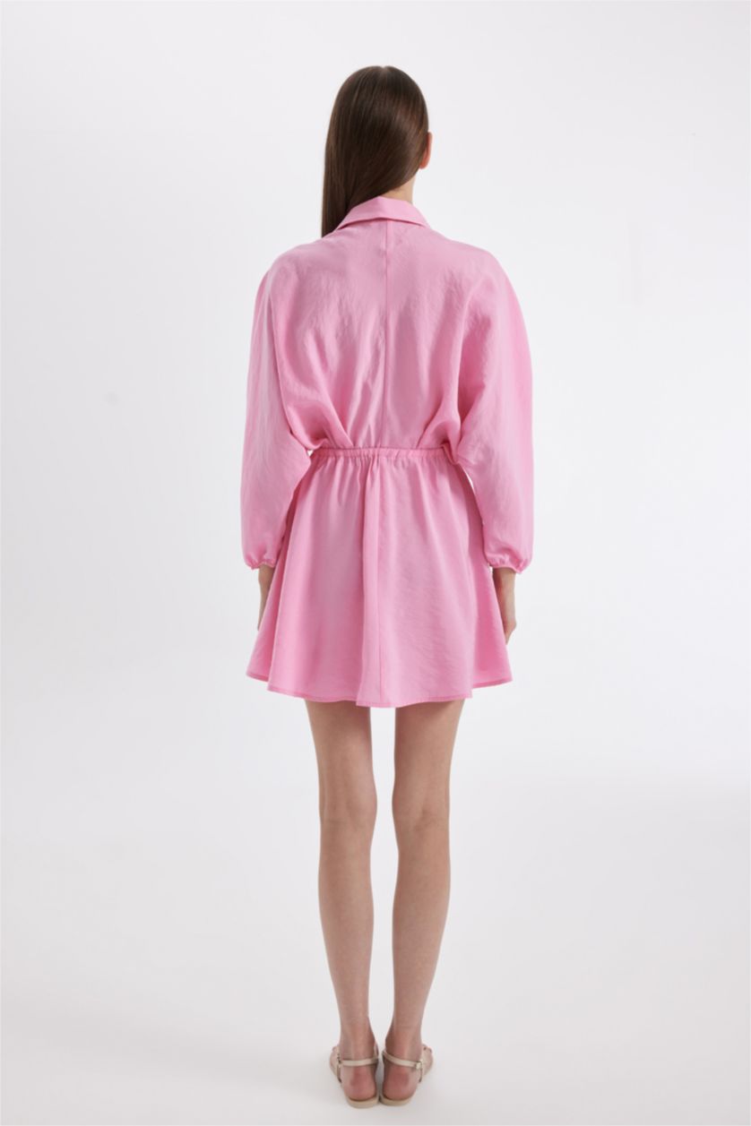 Kadın Pembe Gömlek Yaka Modal Uzun Kollu Mini Elbise