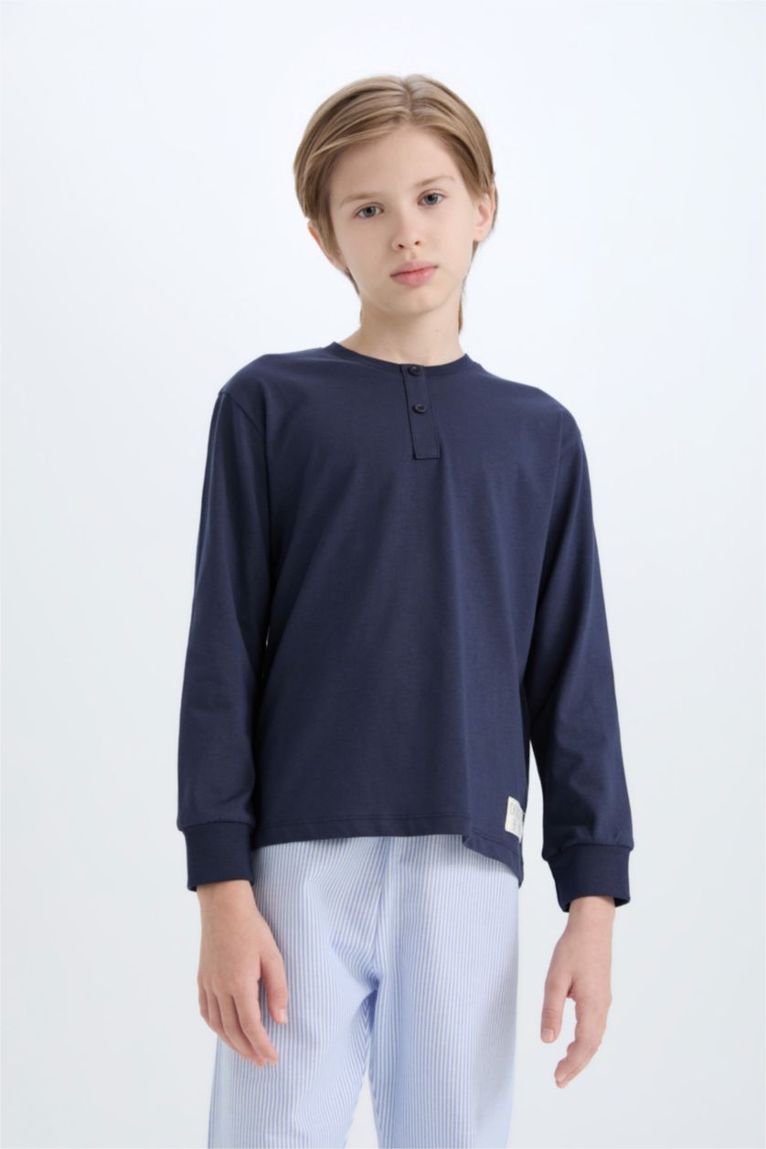 GARÇONS Marin Ensemble Pyjama à manches longues à col rond et bas rayé pour Garçon