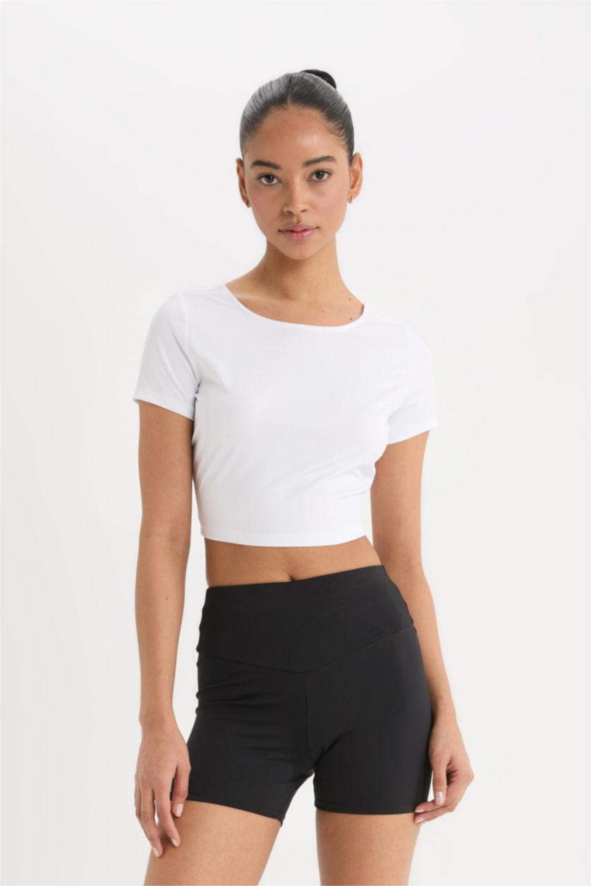 Kadın Siyah Siyah Beli Saran Esnek Biker Kısa Sporcu Tayt