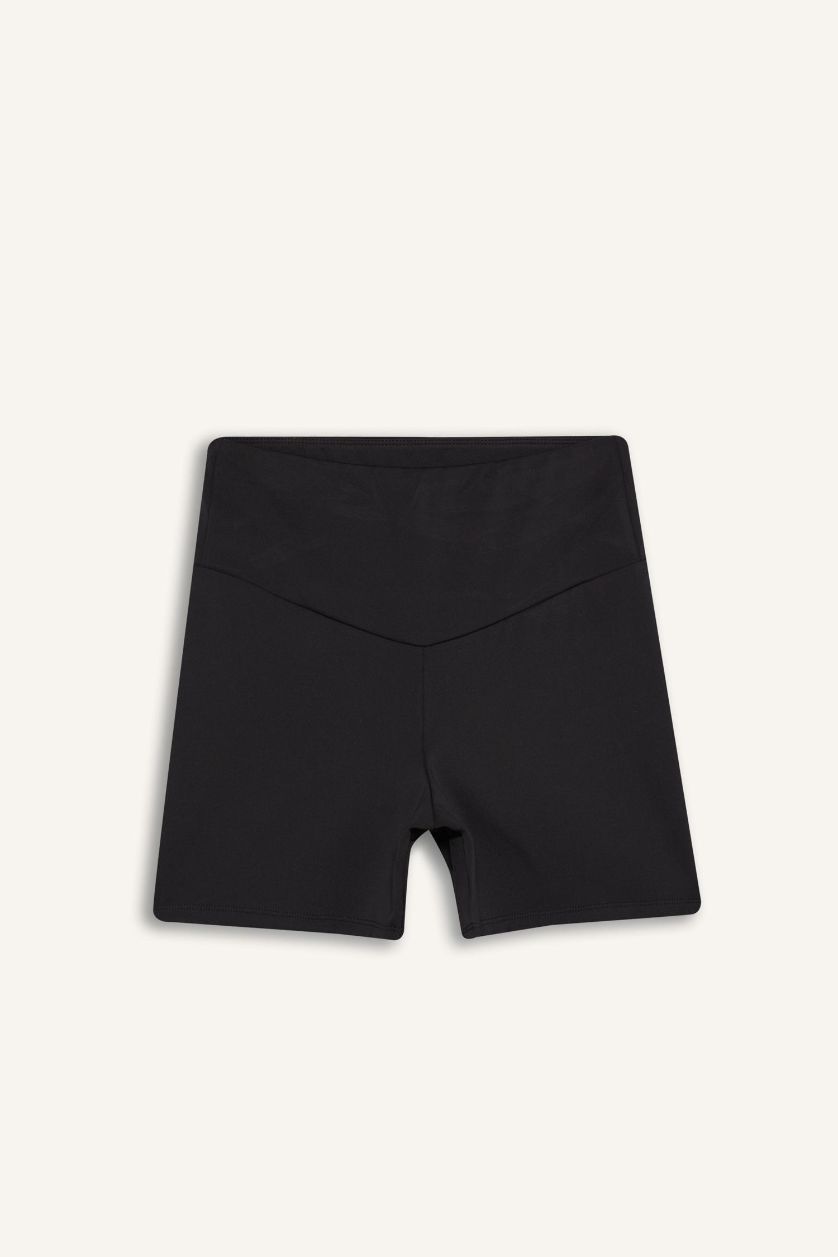 Kadın Siyah Siyah Beli Saran Esnek Biker Kısa Sporcu Tayt