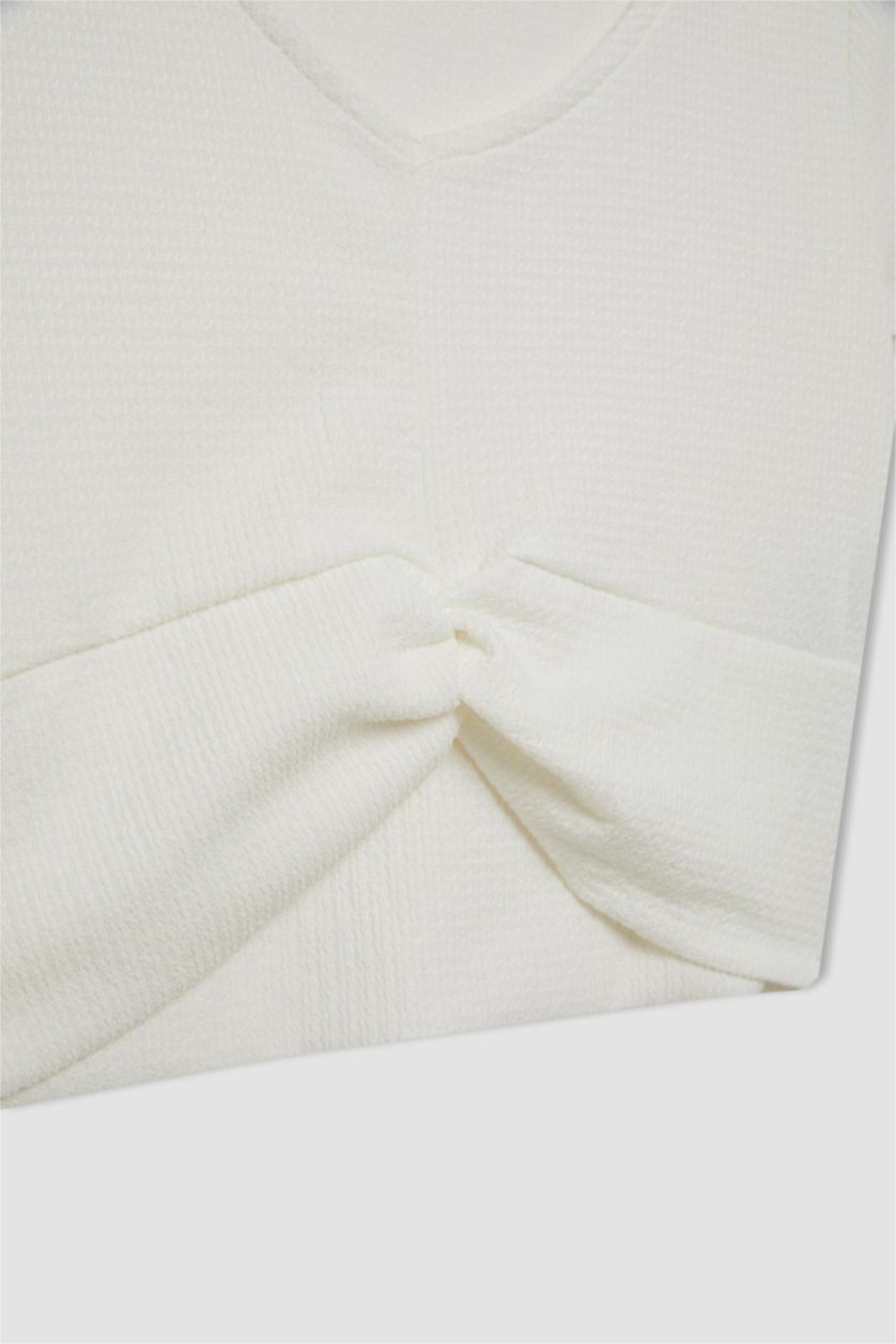 Kadın Ekru Slım Fıt V Yaka Bürümcük Kısa Kollu Tişört