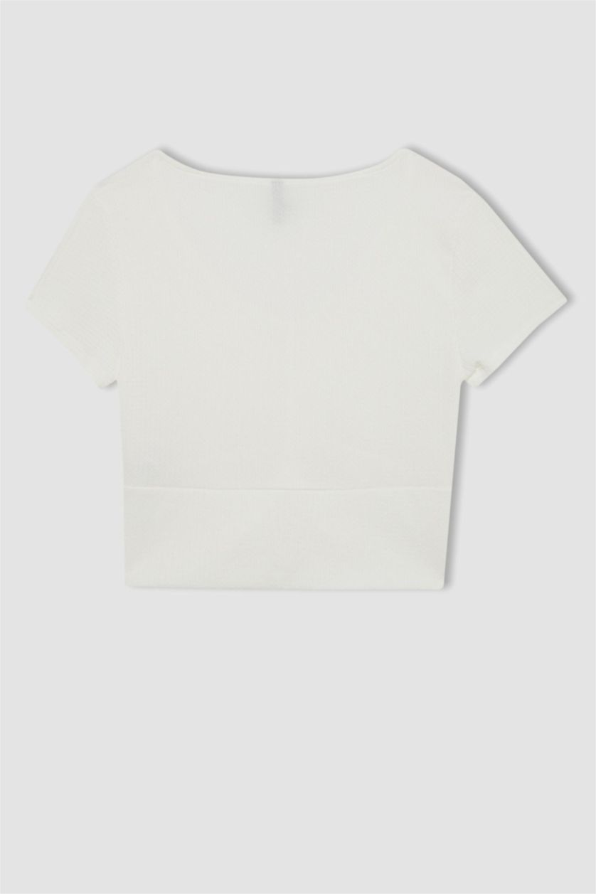 Kadın Ekru Slım Fıt V Yaka Bürümcük Kısa Kollu Tişört