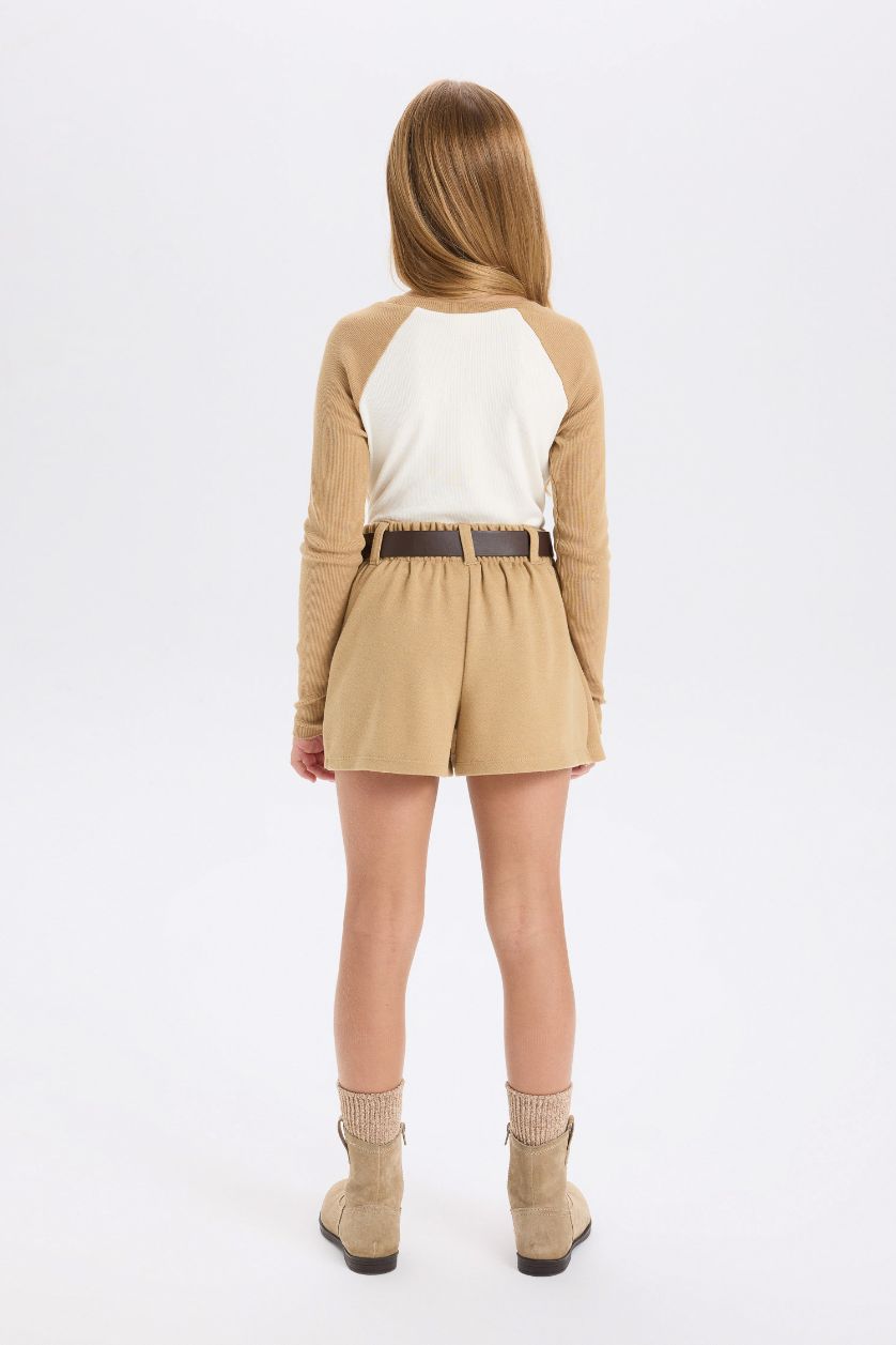 GIRLS & TEENS Beige Girl Waist Elastic Pleated Belted Short Skirt