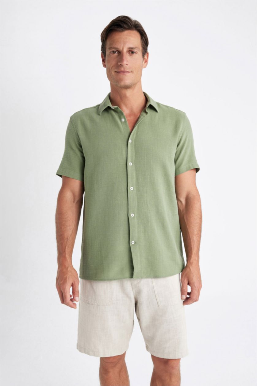 Erkek Açık Haki Regular Fit Yazlık Polo Yaka Pamuklu Kısa Kollu Gömlek