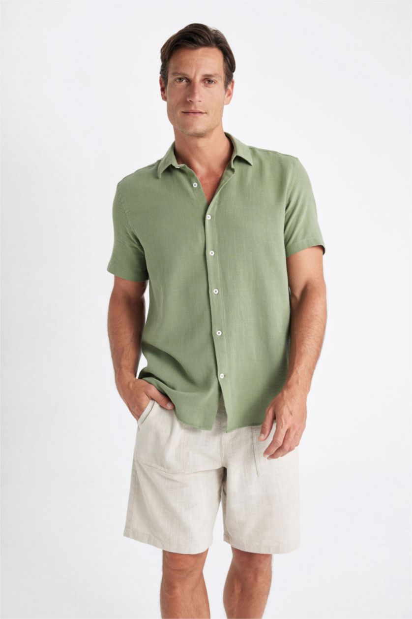 Erkek Açık Haki Regular Fit Yazlık Polo Yaka Pamuklu Kısa Kollu Gömlek