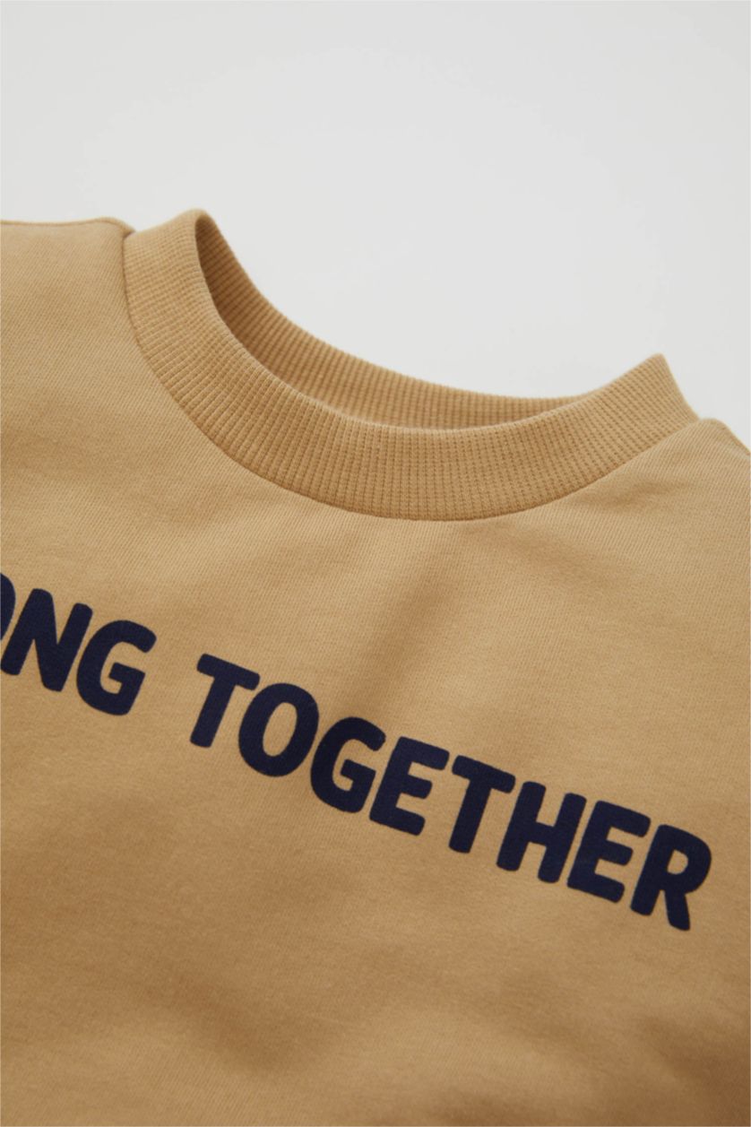 Erkek Bebek Bej Erkek Bebek 2'li Takım Baskılı Sweatshirt Beli Lastikli Eşofman Altı