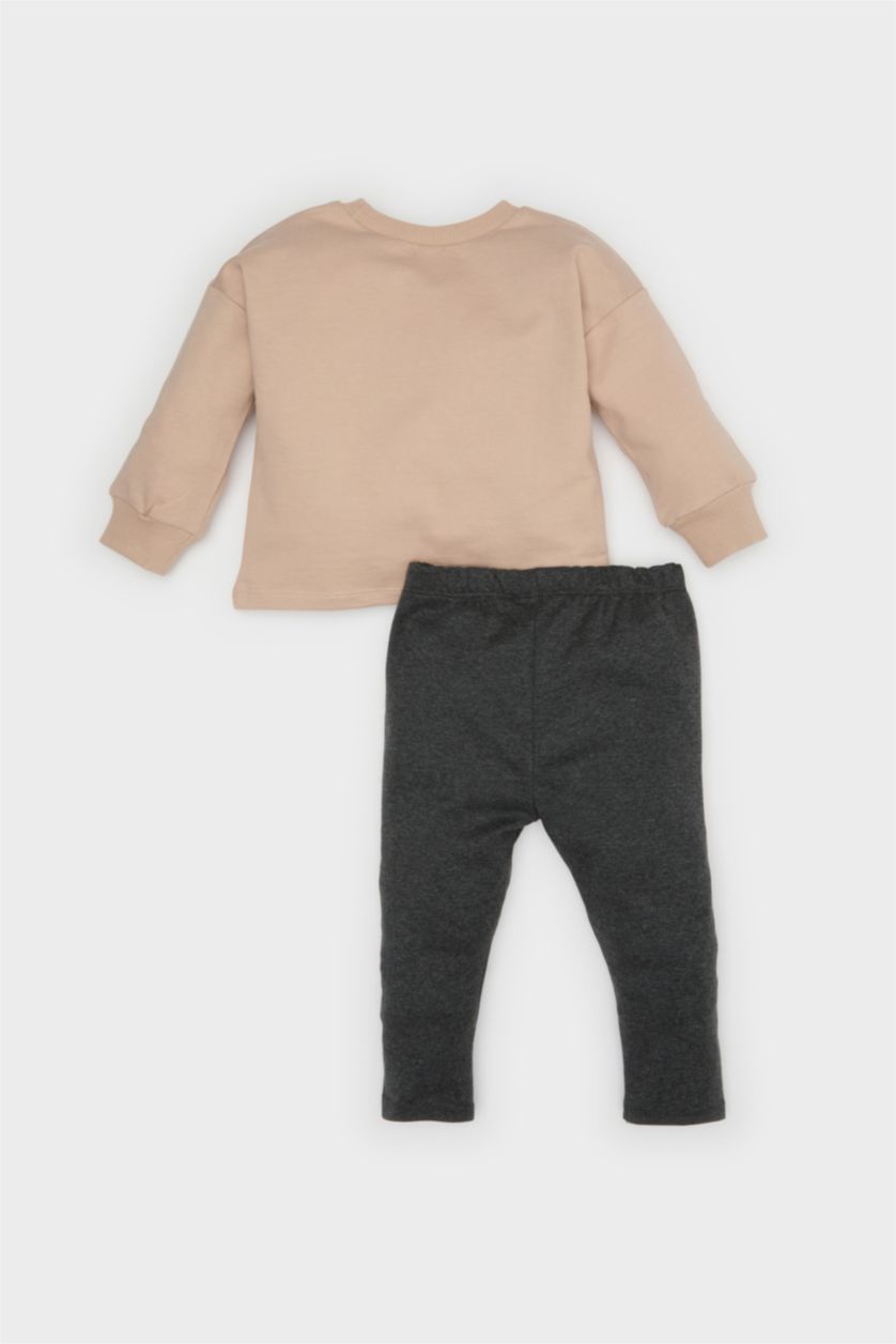 Erkek Bebek Bej 2'li Takım Baskılı Sweatshirt Beli Lastikli Alt Erkek Bebek