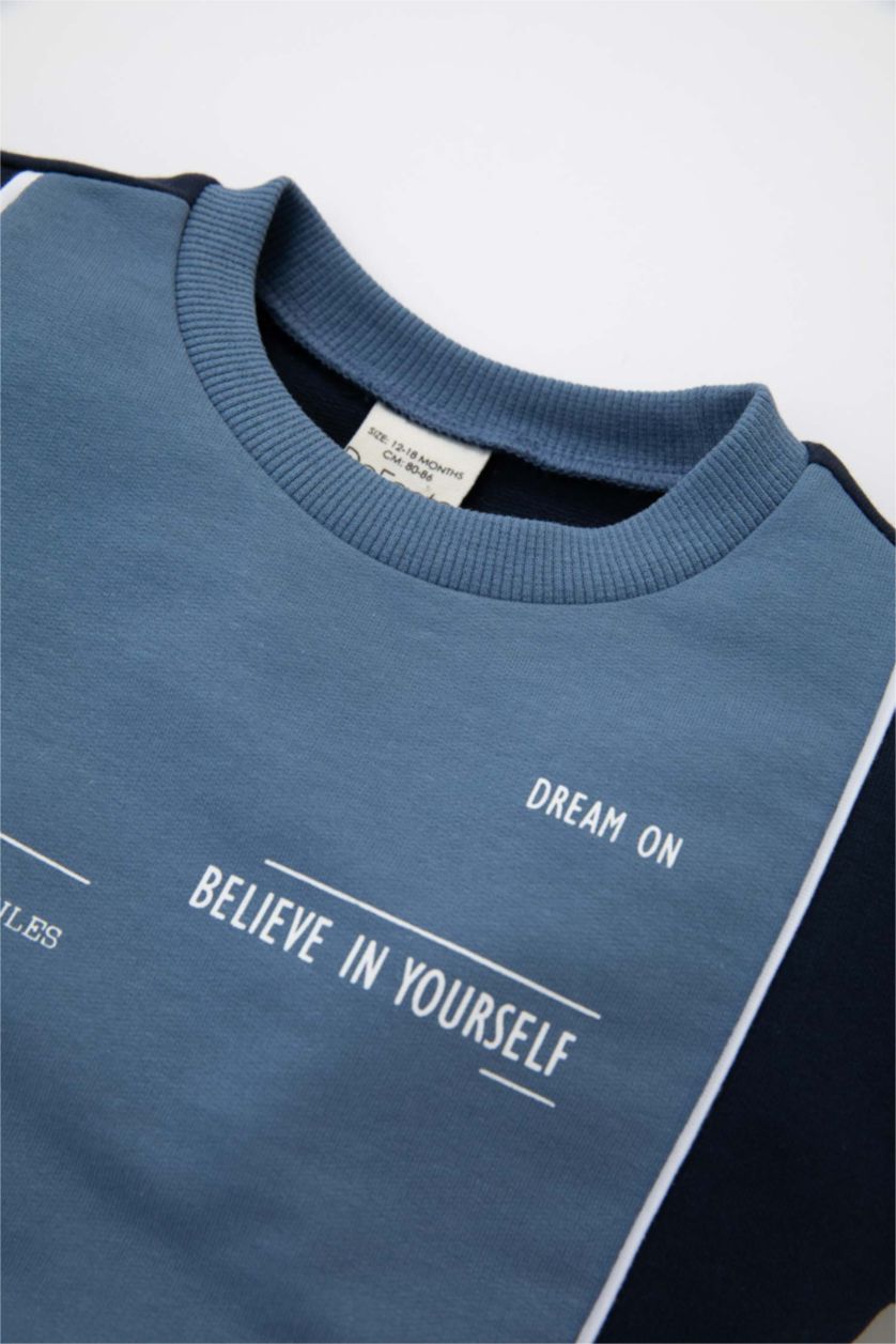 Erkek Bebek Açık İndigo Erkek Bebek 2'li Takım Baskılı Sweatshirt Beli Lastikli Jogger Eşofman Altı