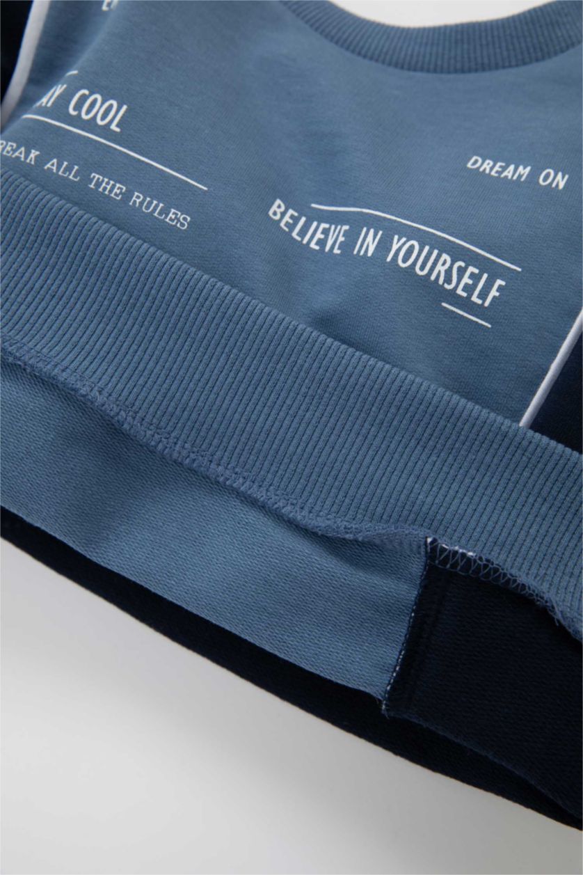 Erkek Bebek Açık İndigo Erkek Bebek 2'li Takım Baskılı Sweatshirt Beli Lastikli Jogger Eşofman Altı