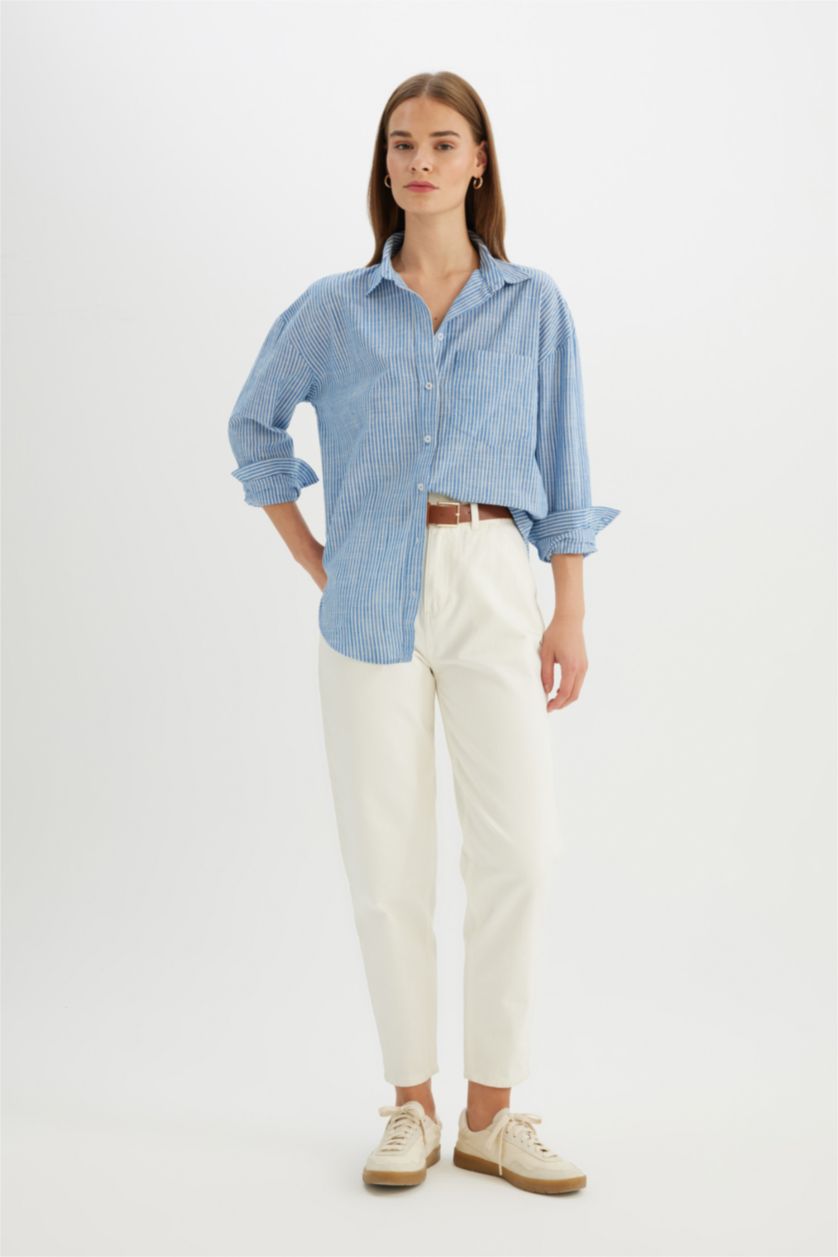 Woman Blue Oversize Fit Linen Look Long Sleeve Shirt