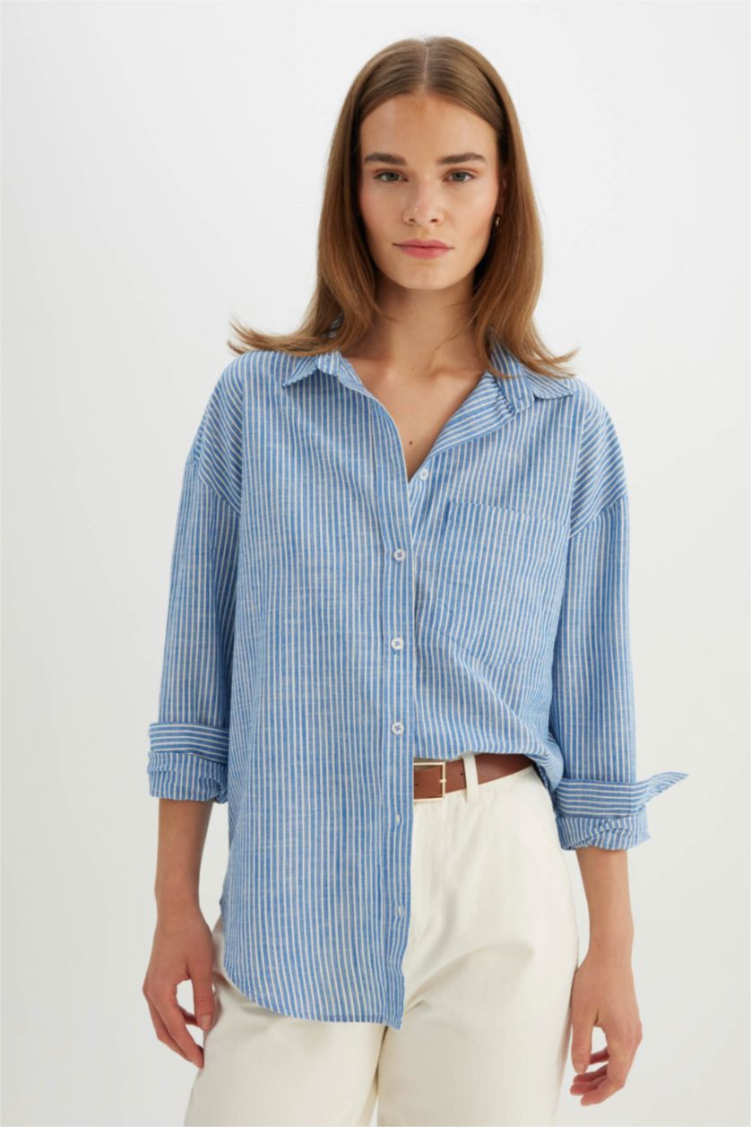 Woman Blue Oversize Fit Linen Look Long Sleeve Shirt