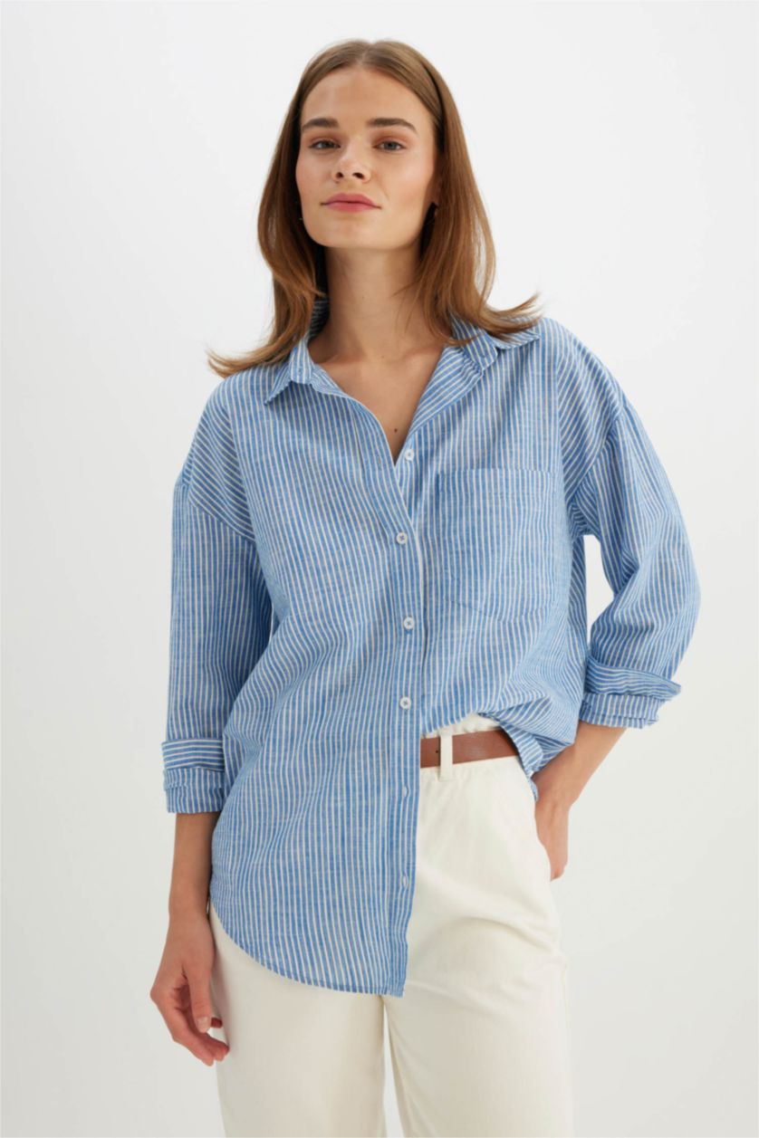 Woman Blue Oversize Fit Linen Look Long Sleeve Shirt