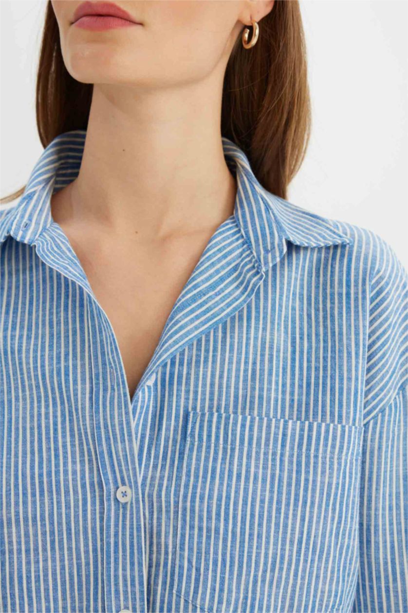 Woman Blue Oversize Fit Linen Look Long Sleeve Shirt