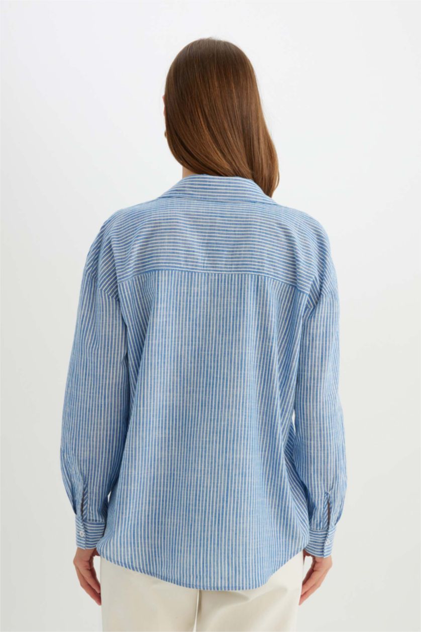 Woman Blue Oversize Fit Linen Look Long Sleeve Shirt