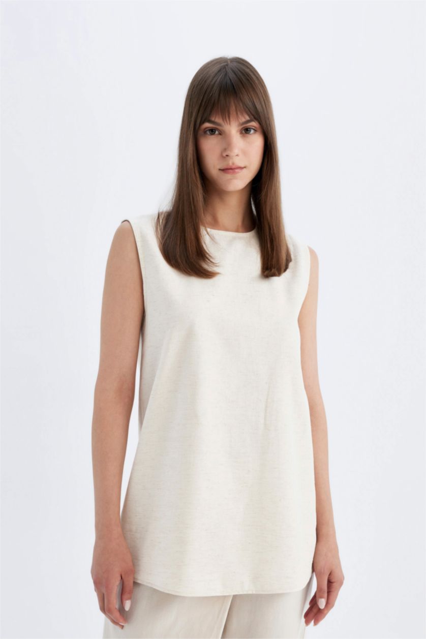 نساء Sade Ekru قميص طويل قطن قصة عادية بياخة مستديرة