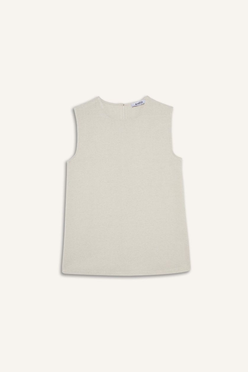 Woman Light Stone Regular Fit Crew Neck Basic Linen Blend Tunic