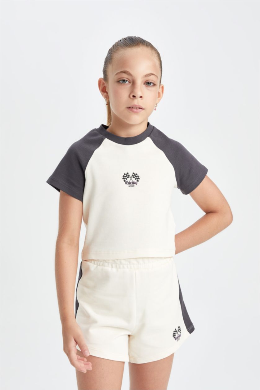 Kız Çocuk - Genç Kız Ekru 2'li Takım Tişört Şort Kız Çocuk