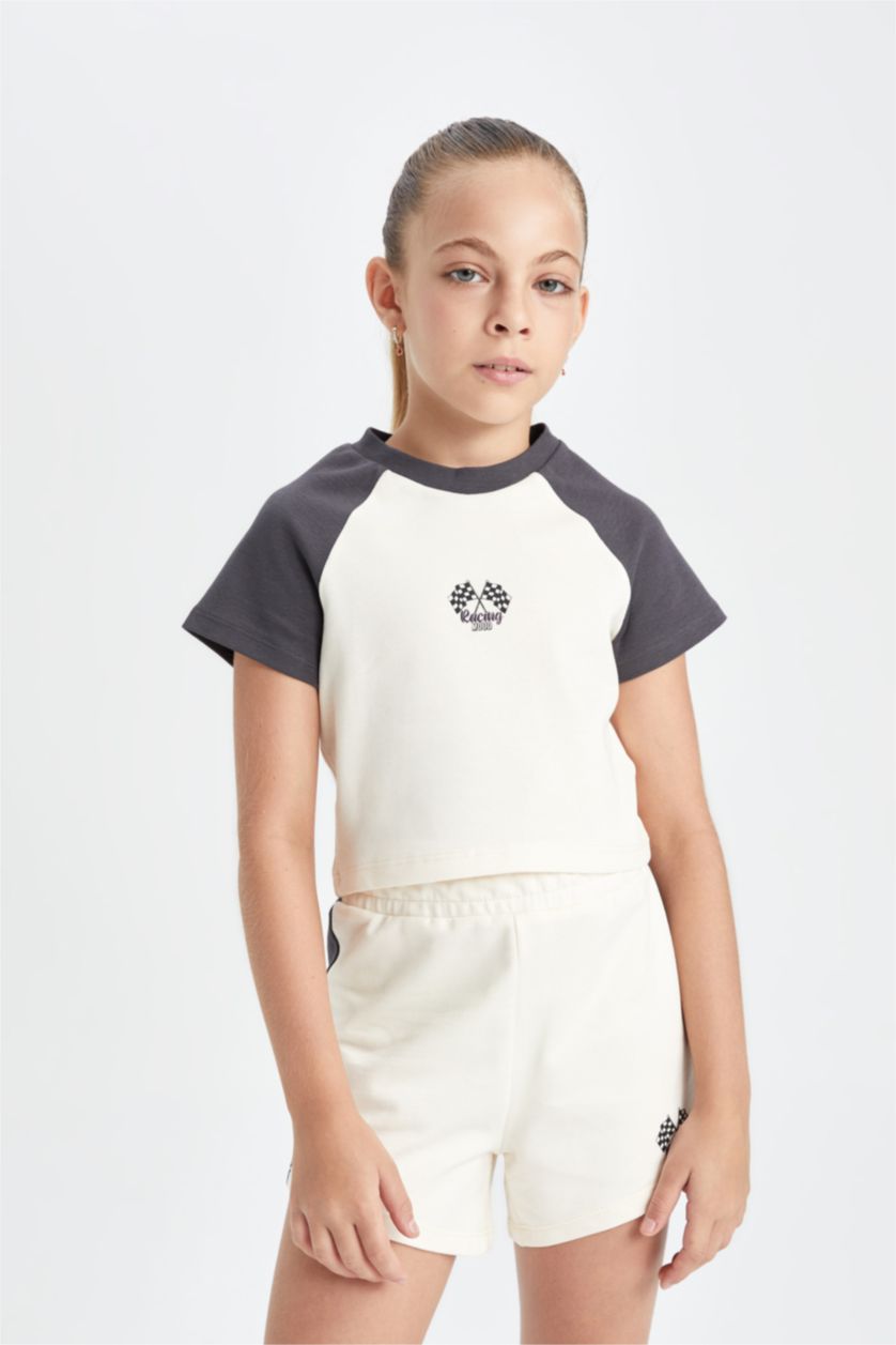 Kız Çocuk - Genç Kız Ekru 2'li Takım Tişört Şort Kız Çocuk