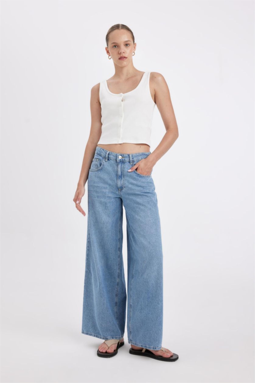 FEMME Bleu Pantalon en jean taille basse à effet délavé