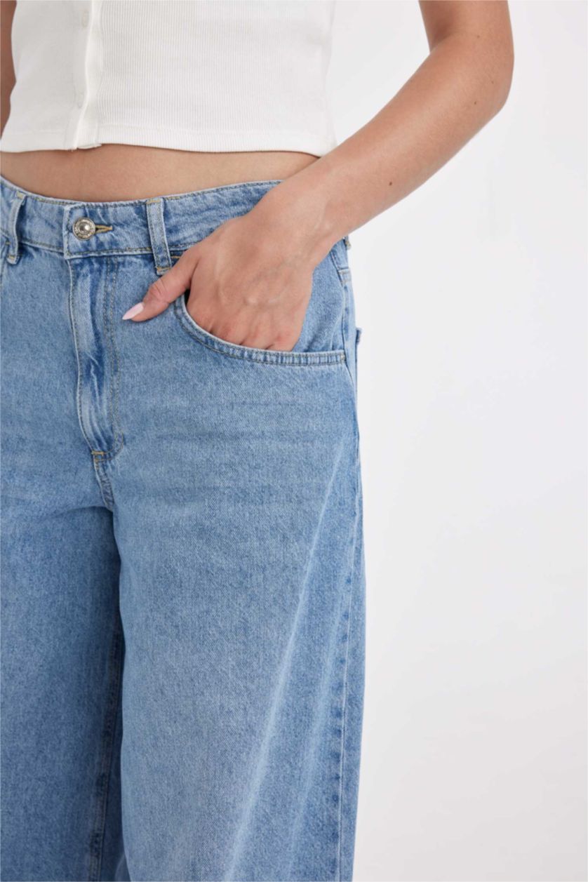 FEMME Bleu Pantalon en jean taille basse à effet délavé