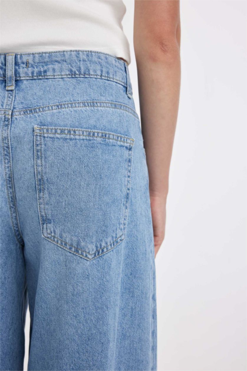 FEMME Bleu Pantalon en jean taille basse à effet délavé
